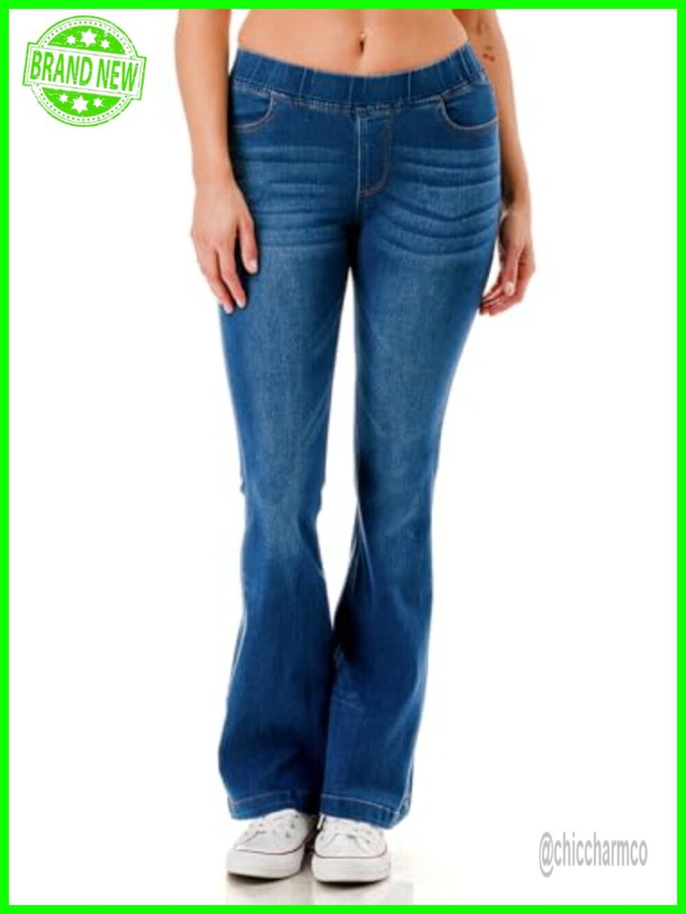 High Rise Flare Pull-On Stretch Denim Jeggings Elastic Waist